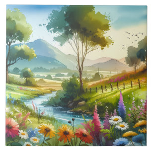 Wildblumen und Bach im Frühlings Tal Fliese