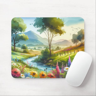 Wildblumen und Bach im Frühlings Tal Mousepad