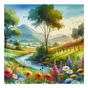 Wildblumen und Bach im Frühlings Tal Poster
