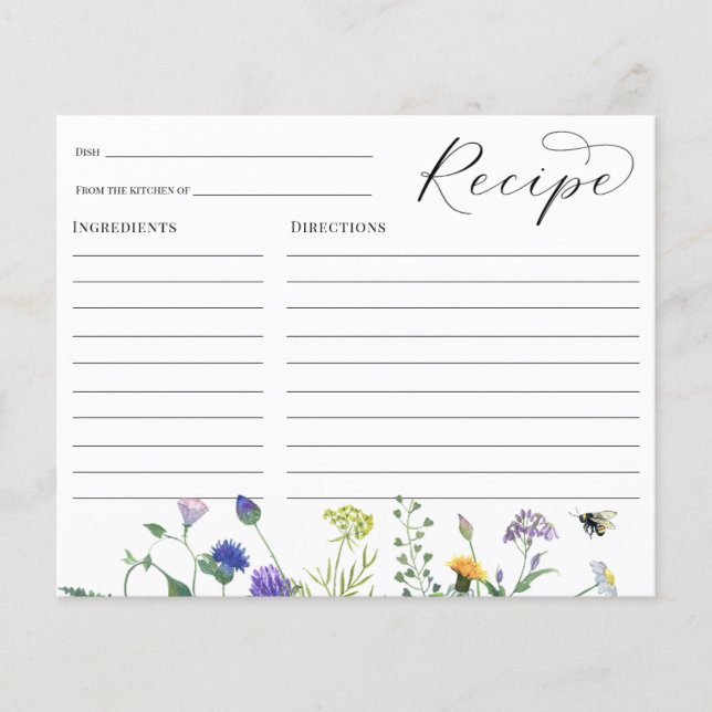 Wildblumen und Bienen Brautparty Rezept Karte (Vorderseite)