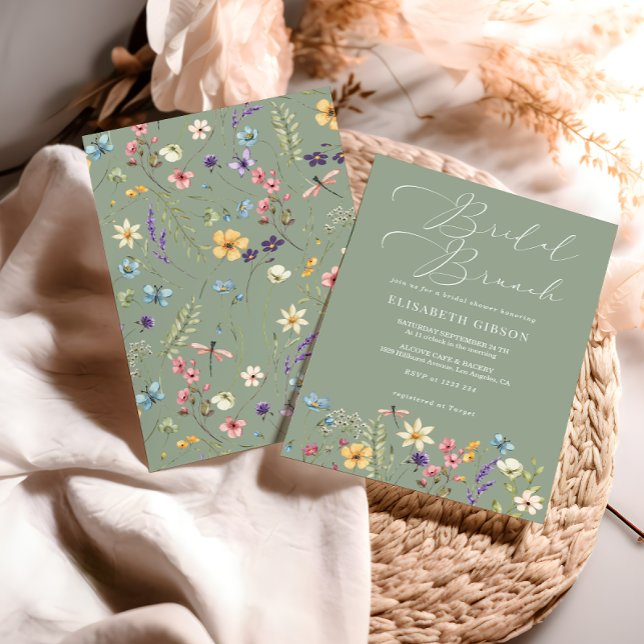 Wildblumen und Butterfly Page Green Bridal Brunch Einladung (Von Creator hochgeladen)