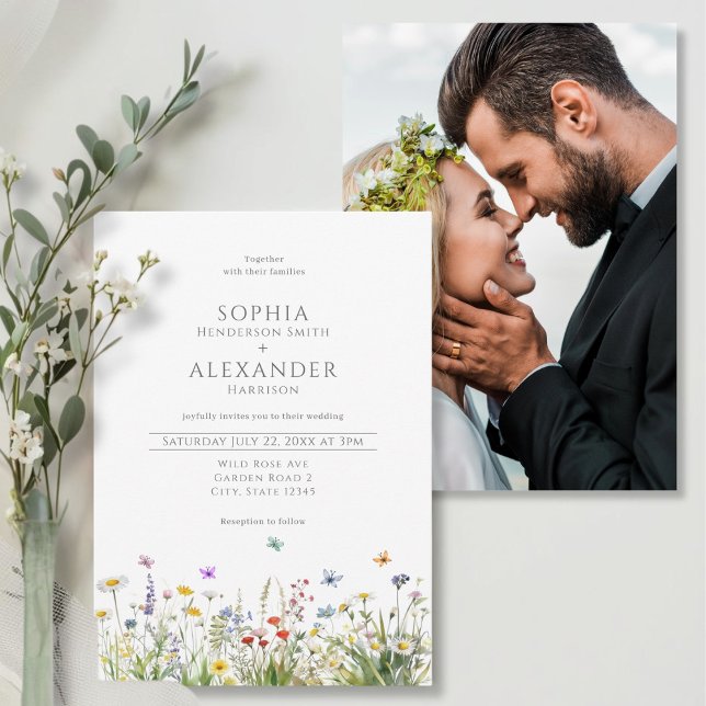 Wildblumen- und Foto-Hochzeit Einladung (Wildflower and Photo Wedding  Invitation - front and back)