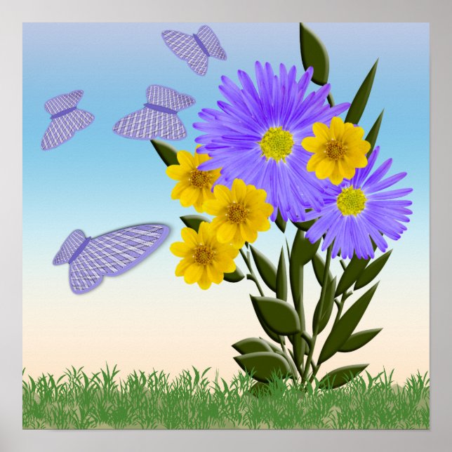 Wildblumen und Gingham Butterfliegen Poster (Vorne)