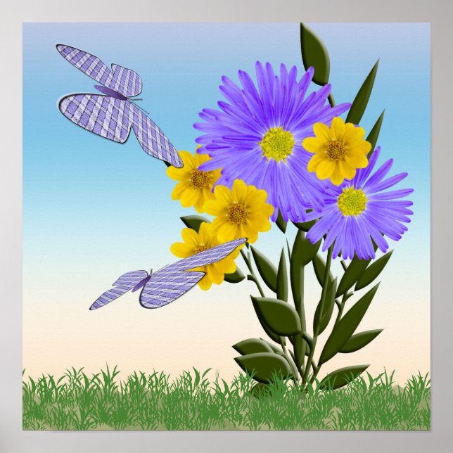 Wildblumen und Gingham Butterfliegen Poster (Vorne)