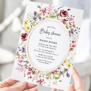 Wildblumen- und Gold-Oval-Baby-Party Einladung