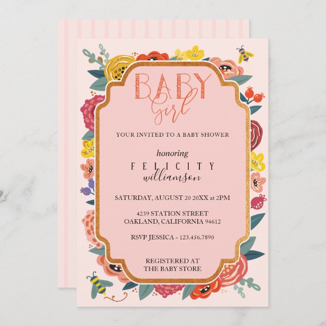 Wildblumen und Honey Bee Baby Girl Dusche Einladung (Vorne/Hinten)