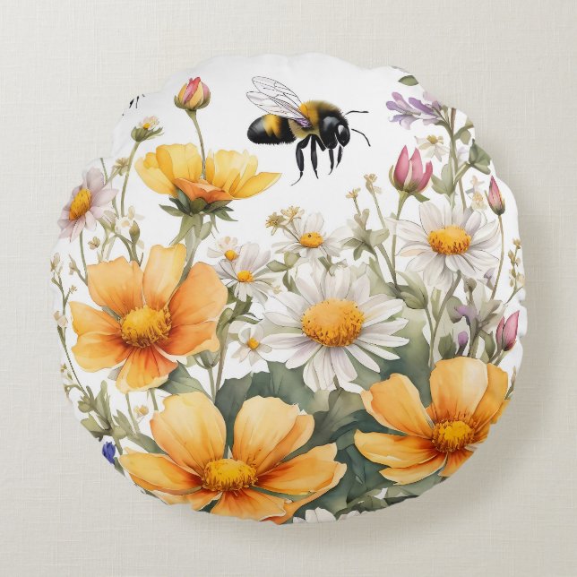 Wildblumen und Honigbienen Rundes Kissen (Vorderseite)