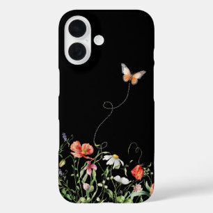 Wildblumen und Schmetterling auf Schwarz iPhone 16 Hülle