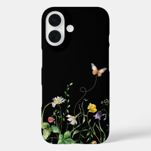 Wildblumen und Schmetterling auf Schwarz iPhone 16 Hülle