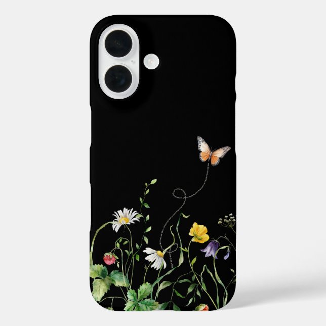 Wildblumen und Schmetterling auf Schwarz Case-Mate iPhone Hülle (Rückseite)
