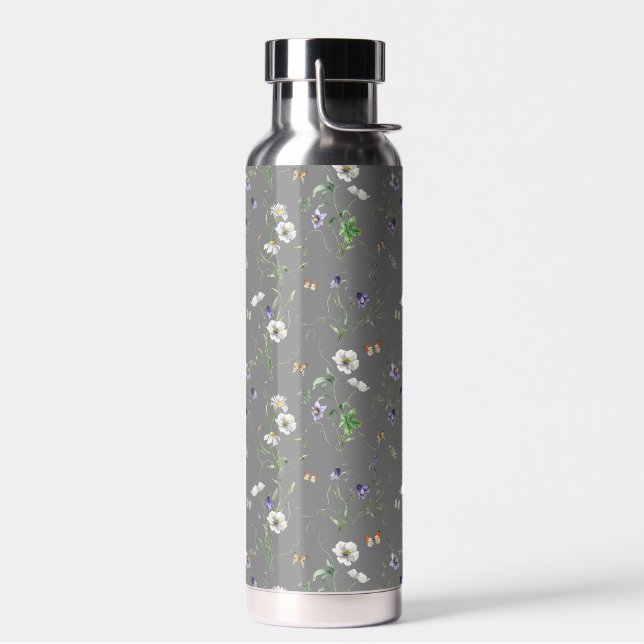 Wildblumen und Schmetterlinge auf Grau Trinkflasche (Links)
