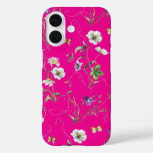 Wildblumen und Schmetterlinge auf Neon Pink iPhone 16 Hülle
