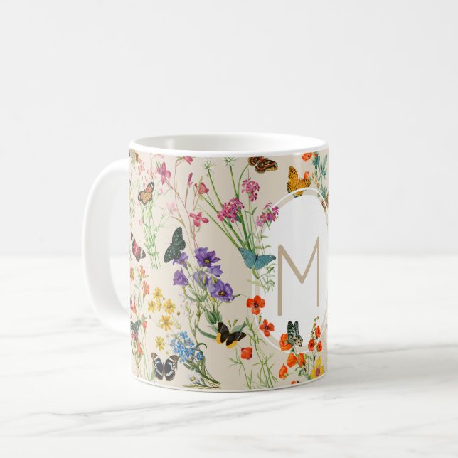 Wildblumen und Schmetterlinge Blumengarten Kaffeetasse (Vorderseite Links)
