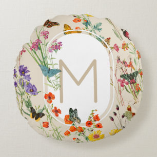 Wildblumen und Schmetterlinge Blumengarten Rundes Kissen