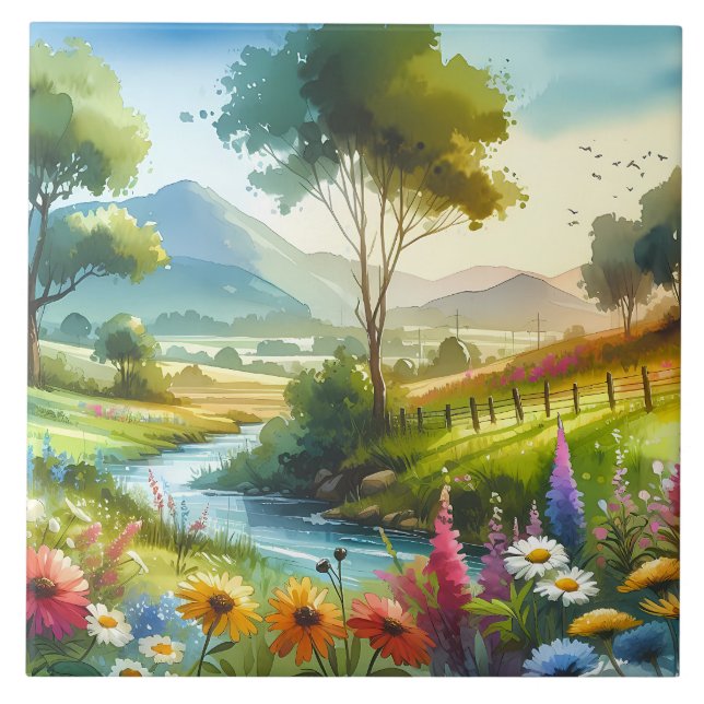 Wildblumen und Strom im Frühlingstal Fliese (Vorderseite)