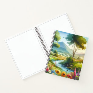 Wildblumen und Strom im Frühlingstal Notizbuch