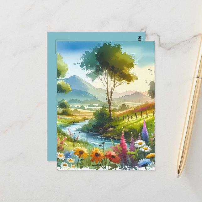 Wildblumen und Strom im Frühlingstal Postkarte (Vorderseite/Rückseite Beispiel)
