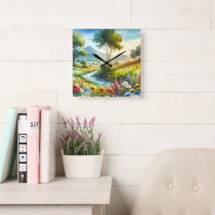 Wildblumen und Strom im Frühlingstal Quadratische Wanduhr