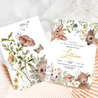 Wildblumen und Waldtiere zum Geburtstag Einladung