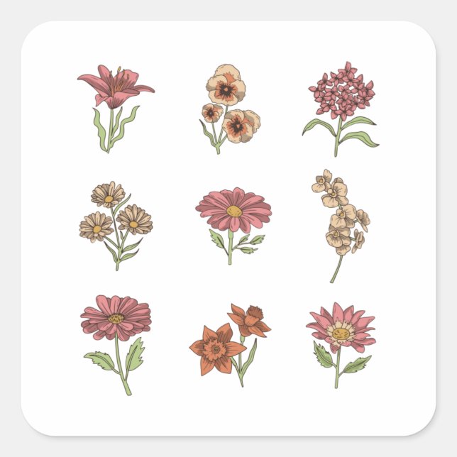 Wildblumen Vintage Blume Botanische Quadratischer Aufkleber (Vorderseite)