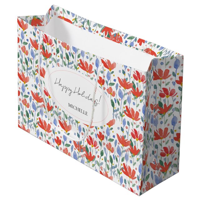 Wildblumen Wasserfarbe in Süß-Rot und Blau Große Geschenktüte (Vorderseite Schrägansicht)