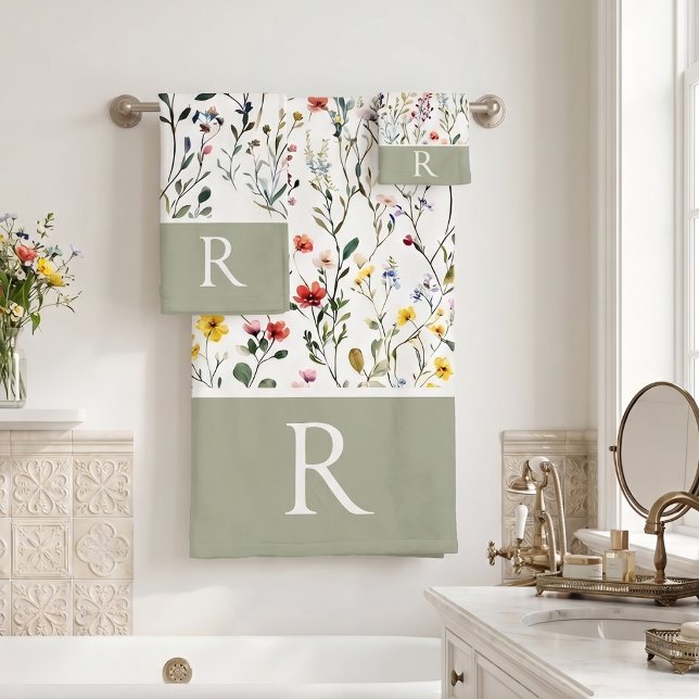 Wildblumen-Wasserfarben-Botanik-Monogramm  Badhandtuch Set (Von Creator hochgeladen)