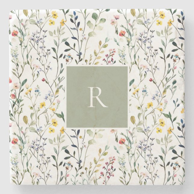 Wildblumen-Wasserfarben-Botanik-Monogramm  Steinuntersetzer (Vorderseite)