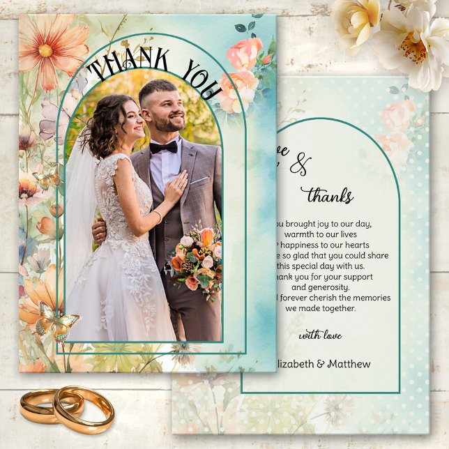 Wildblumen Watercolor Wedding Foto Vielen Dank Dankeskarte (Wedding Thank You card featuring your photo framed by a boho chic design with watercolor wildflowers)
