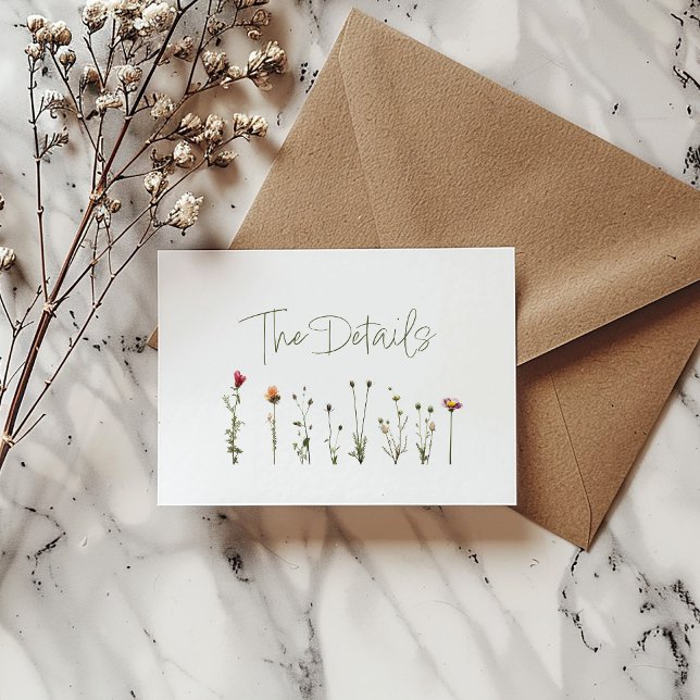 Wildblumen weiße Hochzeit die Details Begleitkarte (Pretty wild flowers wedding "The Details" card.)