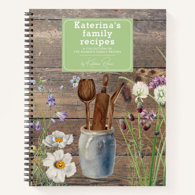 Wildblumen Wood Kitchen Utensils Familienrezepte Notizbuch (Vorderseite)