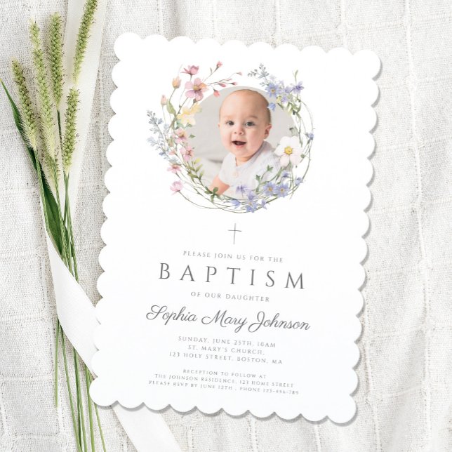 Wildblumen Wreath Girl Taufe Foto Einladung (Floral Wildflowers Wreath Girl Baptism Photo Invitation)