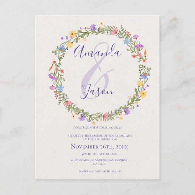 Wildblumen Wreath Hübsch Gelbe Lila Hochzeit Postkarte (Vorderseite)