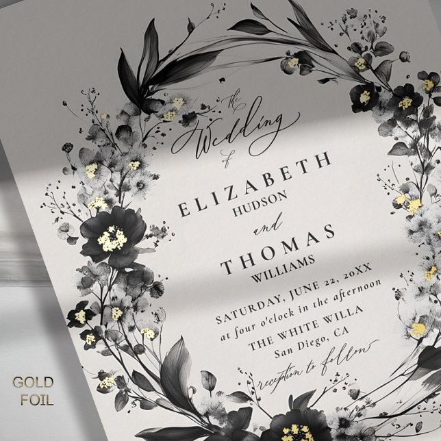 Wildblumen Wreath Modern Gold Hochzeit Folieneinladung (wildflowers wedding invitation black white floral wreath frame elegant modern romantic boho gold)