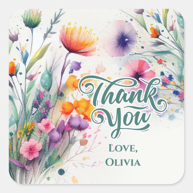Wildblumen zu Aquarellfarben Vielen Dank Quadratischer Aufkleber (Vorderseite)