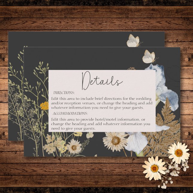 Wildblumen zu den Einzelheiten der Holzkohle-Hochz Begleitkarte (Wildflowers on Charcoal Wedding Details Enclosure Card)