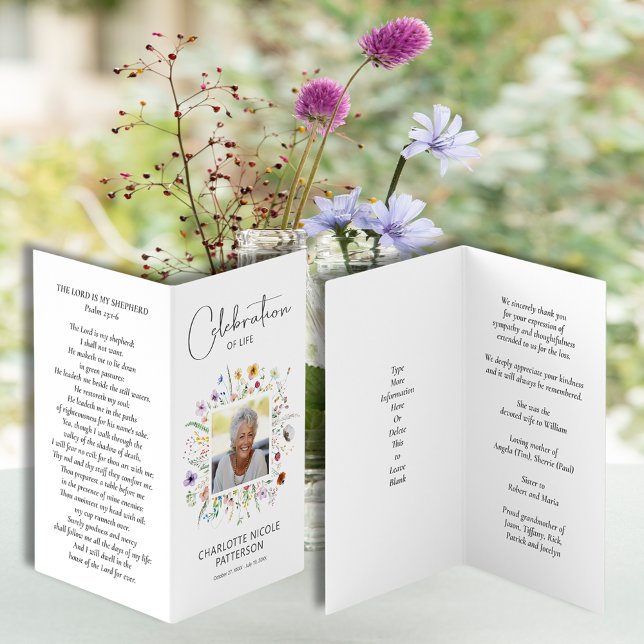 Wildblumen zum Foto Lebensgebet Visitenkarten (Wildflowers Celebration of Life photo folded prayer card)