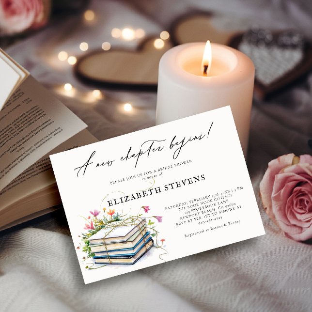 Wildblumen zum Thema Brautparty - Neues Kapitel Einladung (book themed bridal shower invitation book lover bookish wildflowers floral calligraphy elegant chic)
