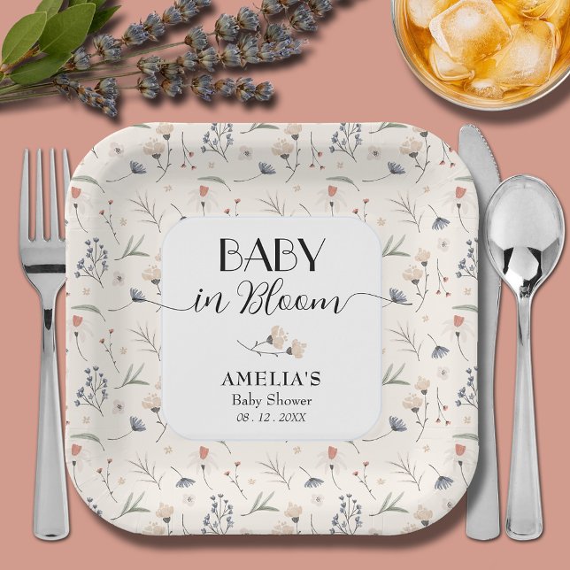 Wildblumen zur Elfenbeindusche Pappteller (Baby in Bloom wildflowers on ivory baby shower square paper plates)