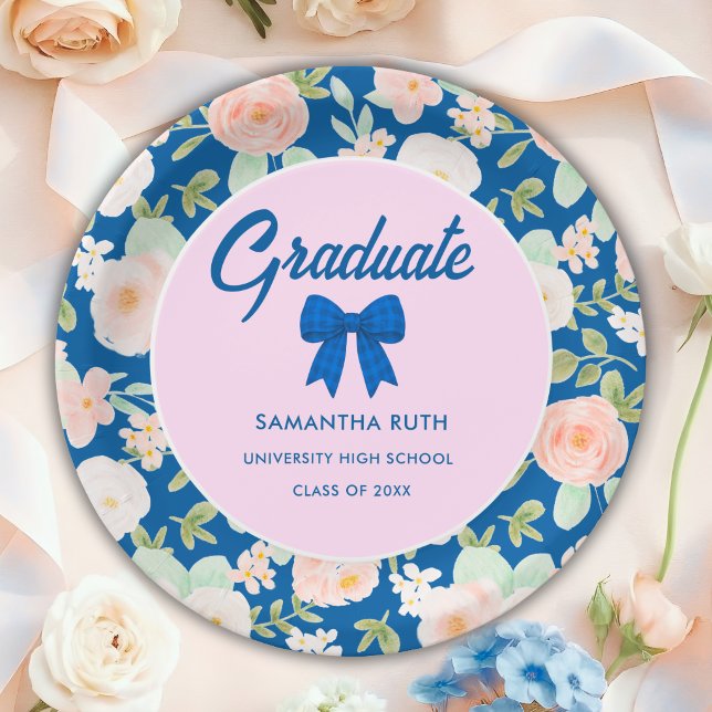 Wildblumenblaue Gingham-Schleifen-Abschlussfeier Pappteller (Von Creator hochgeladen)