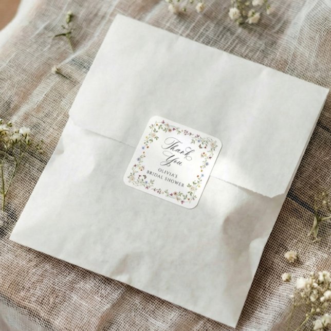 Wildblumenblüten Vintage Floral Brautschauer Quadratischer Aufkleber (Square bridal shower sticker with watercolor wildflowers and elegant botanical greenery)