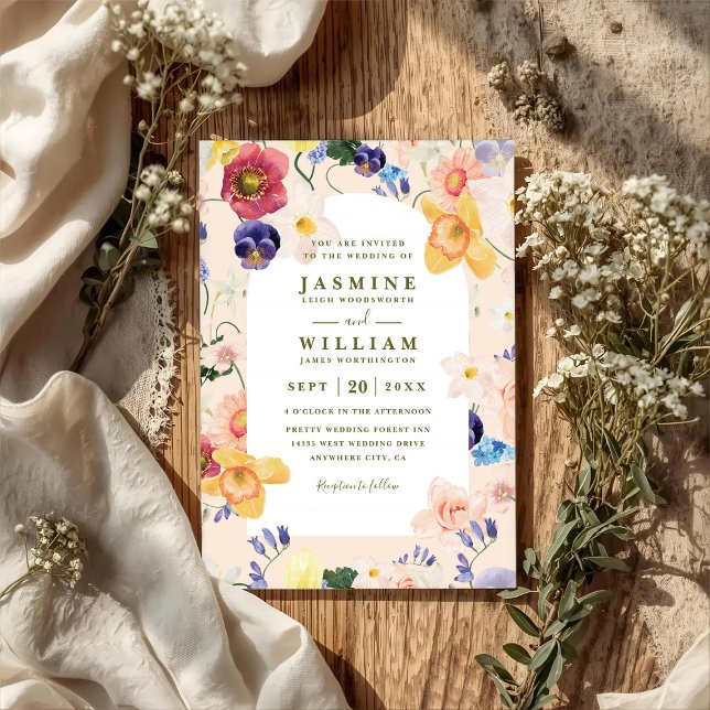Wildblumenbogen blüht Rustikale QR-Code-Hochzeit Einladung (Von Creator hochgeladen)