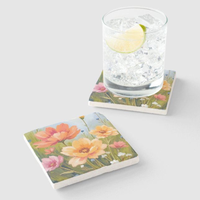 Wildblumenfeld | Aquarell Blumen Botanik Steinuntersetzer (Seitenansicht)