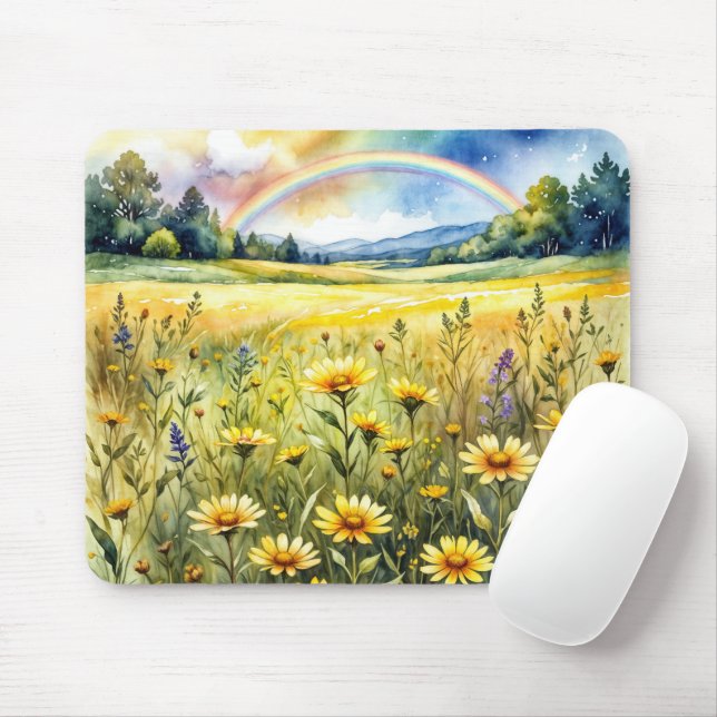 Wildblumenfeld mit Regenbogen in Aquarell Mousepad (Mit Mouse)