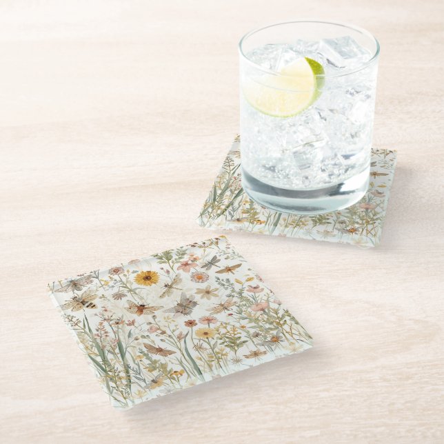 Wildblumengarten Botanische Schmetterlinge Floral Glasuntersetzer (Schrägansicht)