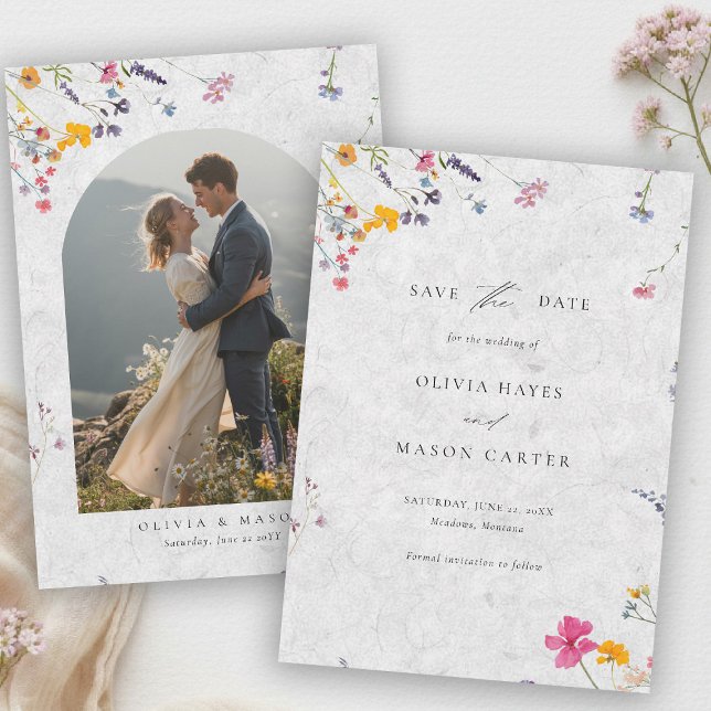 Wildblumengarten Moderne Elfenbein-Bogen-Foto-Hoch Save The Date (wildflower wedding photo save the date watercolor garden backyard barn summer spring ivory arch)