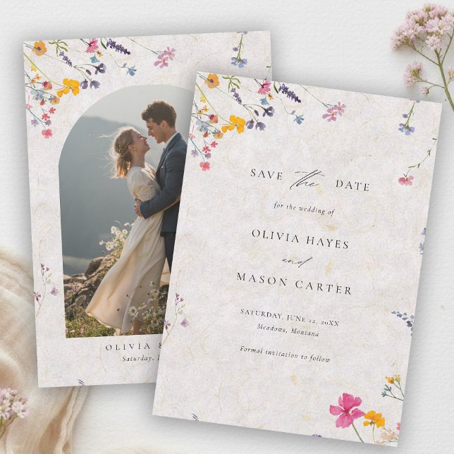 Wildblumengarten Moderne Rosa Foto-Hochzeit Save The Date (wildflower wedding photo save the date watercolor garden backyard barn summer spring pink arch)
