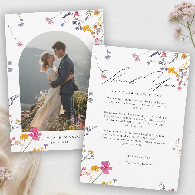 Wildblumengarten Moderne Wasserfarbe Bogenhochzeit Dankeskarte (wildflower wedding photo thank you watercolor garden backyard barn summer spring arch)