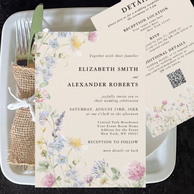 Wildblumengarten QR-Code 2-seitige Hochzeit Einladung (Von Creator hochgeladen)