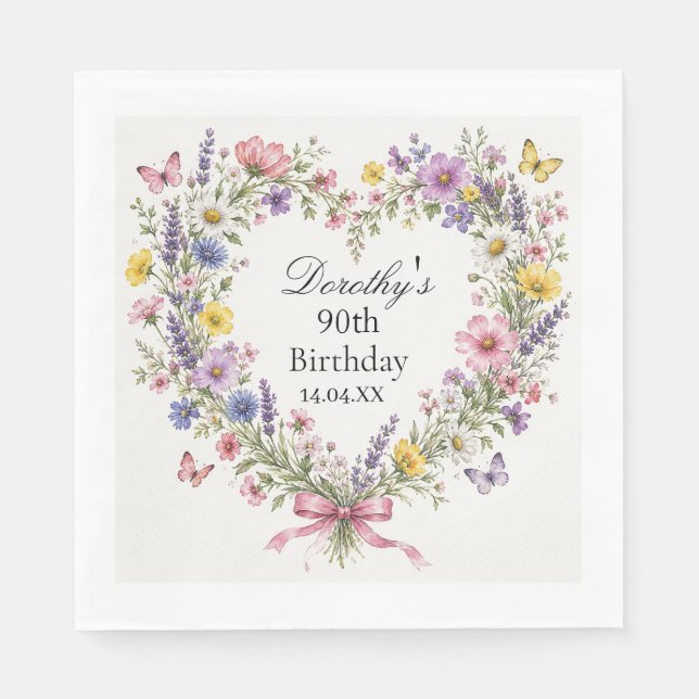 Wildblumenherz Botanisch 90. Geburtstag Serviette (Vorderseite)
