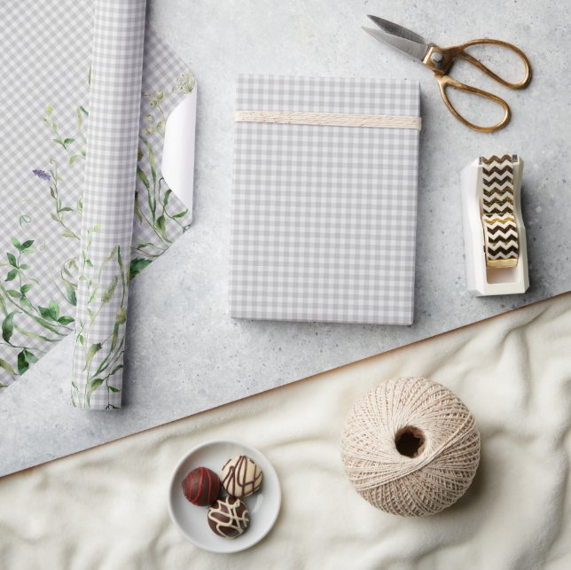 Wildblumenrand auf silbernem Gingham Geschenkpapier (Kunsthandwerk)